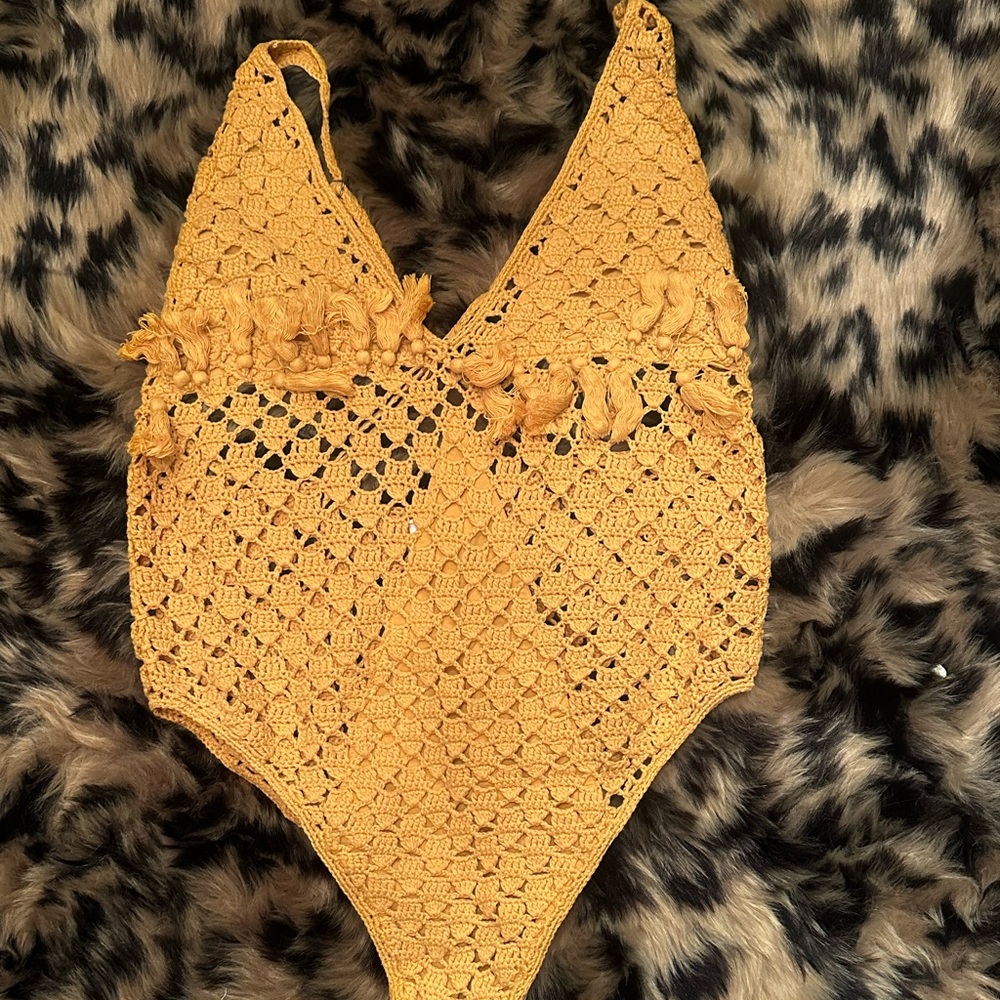 Somedays Lovin Yellow Crochet One Piece Swimsuit